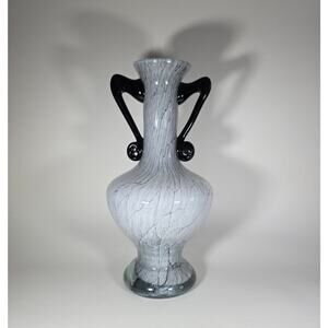 Art Glass Vase Gray Marbled Finish w/ Black Handles 11”
